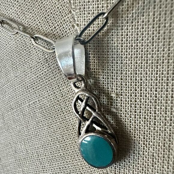 Sterling Silver Celtic Knot Pendant Necklace with Turquoise-Colored Stone - Picture 4 of 7
